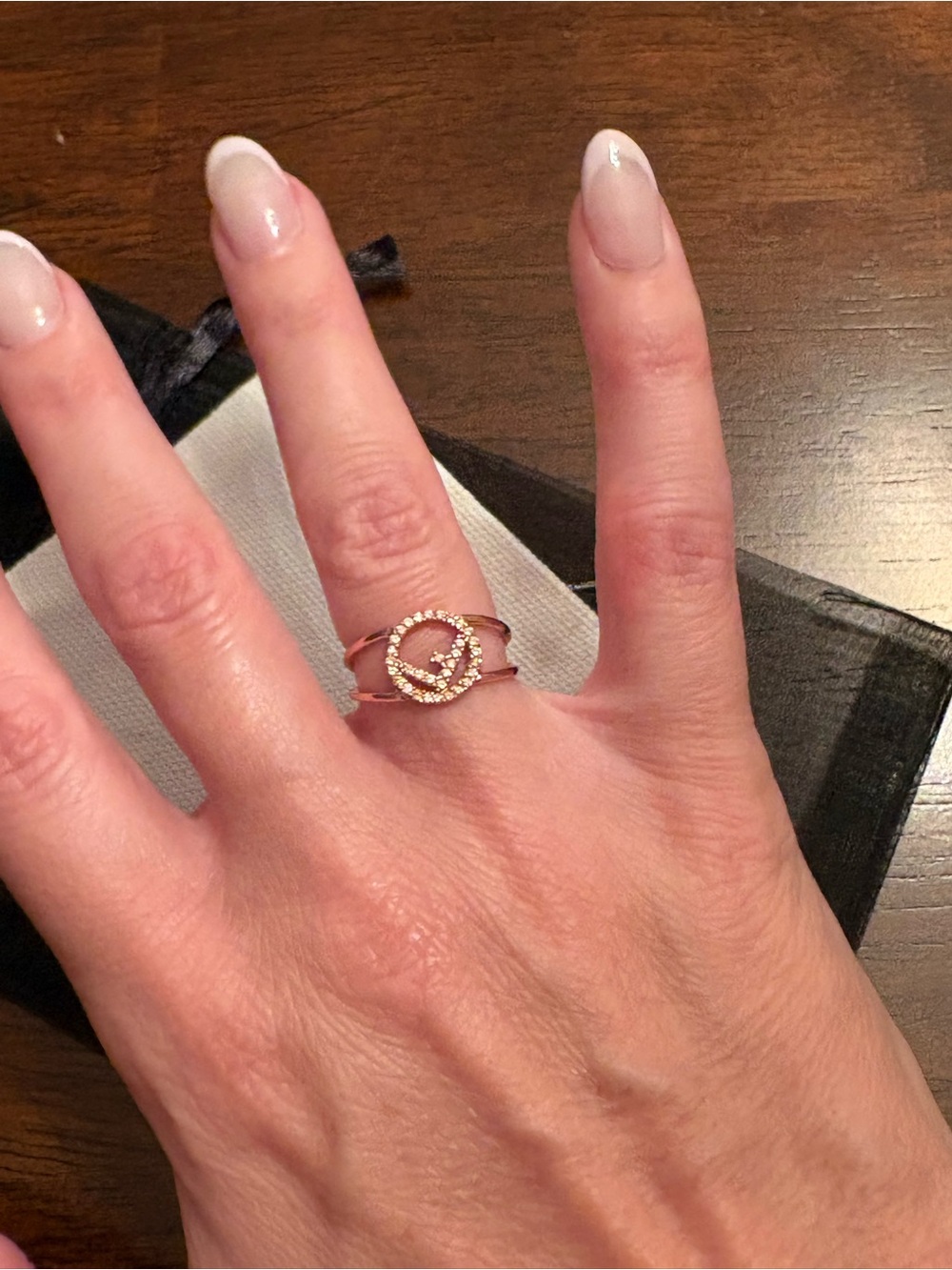 Fendi Authentic Rose Gold Double-Band F Circle Ring with Crystals